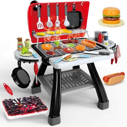 Kids Play Kitchen Toys, Kids BBQ Grill Kitchen Playset with Smoke, Sound & Light, Play Food Toys Cooking Set, 2-Layer Barbecue Outdoor Play Grill Toy Gift for Toddler Boys Girls 3-5
