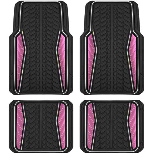 PIC AUTO Car Floor Mats, Pink Aluminum-Molded with Full-Circle Iridescent Inlay Strip Car Mats, Universal-Fit Rubber Mats for Cars, Trucks & SUVs, All-Weather, Non-Slip, Easy-to-Clean Interior Mats