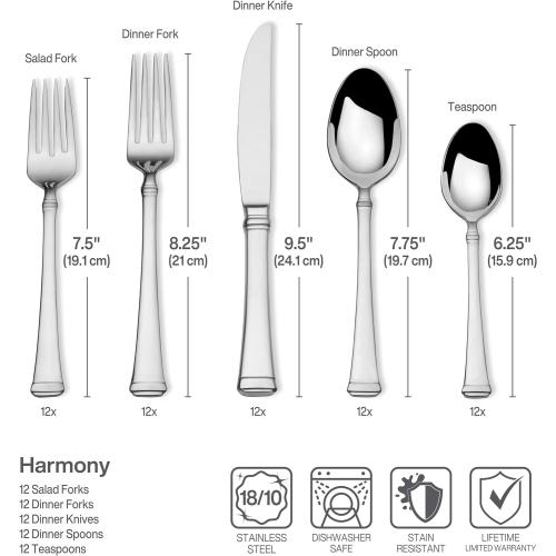 Mikasa Harmony 65-Piece 18/10 Stainless Steel Flatware Set, Service for 12, Polished Silverware with Serving Utensils, Dishwasher Safe