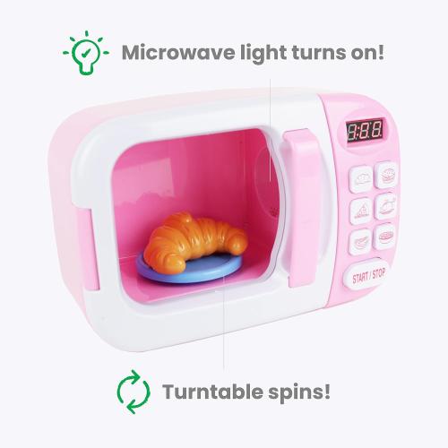 Boley Pink Microwave Playset - 11 Pc Light & Sound Pretend Play Kitchen Toys Set with Play Food for Kids Ages 3