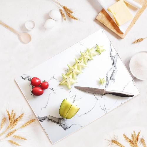 JAMBALAY Tempered Glass Cutting Board for Kitchen 12x 16 White Glass Cutting Board with Design, Marble Chopping Board with Non-Slip Foot, Heat & Shatter Resistant, Dishwasher