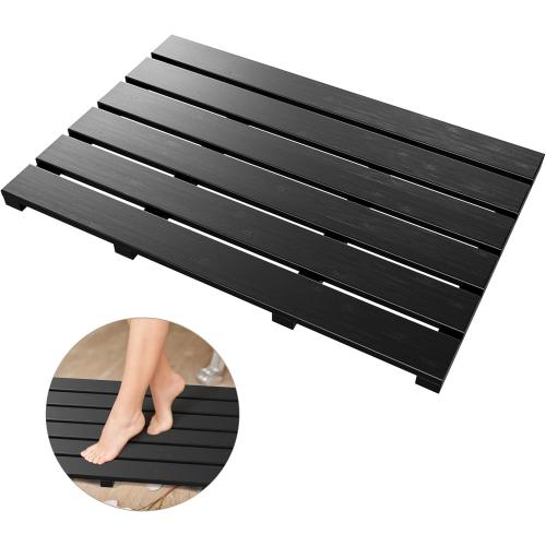 Black Bath Mat for Bathroom Luxury Shower - Non-Slip Bamboo Wooden Waterproof Floor Mat for Indoor or Outdoor Use(Black)