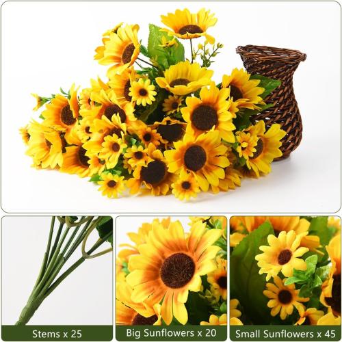 Homsunny Sunflowers Artificial Flowers Plants for Table Centerpieces Spring Decorations, 7 Pcs Fake Silk Floral Arrangements in Vase for Home Dinning Room Office Tabletop Decor(Handmade Red Rattan)