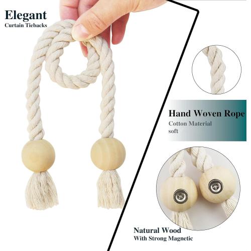 4 Pack Magnetic Curtain Tiebacks Cotton Hand Woven Tie Back Decorative Rope Holdbacks for Curtains Draperies No Tools Required, Beige