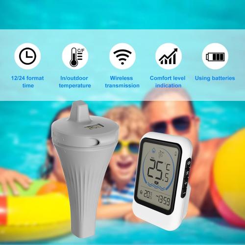 Pool Thermometer with Temperature Sensor for Pool Fish Tank Bathtub Swimming Pool 12/24-Hour Time Format Record Highest Lowest Outdoor Temperature℃/℉ switchable