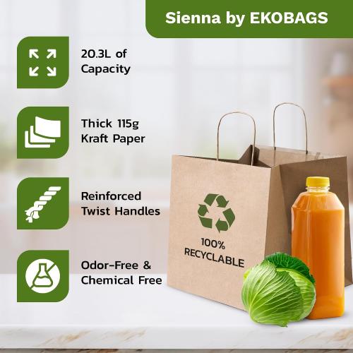 EKOBAGS SIENNA 100 | Extra Large 12x8x13 Heavy Duty Kraft Paper Gift Bags with Handles | 115 GSM Premium Brown Paper Bags Bulk for Small Business, Boutique, Shopping, Catering | FSC Certified, Recyclable | Holds 10 lbs