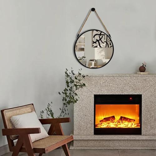 POZINO Round Mirror, 15 Rope Hanging Mirror, Farmhouse Circle Mirrors, Black Metal Frame Wall Mirrors for Bathroom, Bedroom, Living Room, Entryway, Fireplace, Home Decor