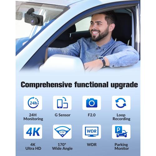 Dash Camera for Cars,4K Full UHD Car Camera Front Rear with 32GB Card,Built-in Super Night Vision,2.0'' IPS Screen,170°Wide Angle,WDR, 24H Parking Mode, Loop Recording.