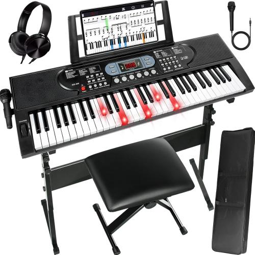 AQNIEGEP 61-Key Electric Keyboard Piano with Lighted Keys, Christmas Gifts, Premium Bundle: Stand, Bench, Mic,Headphones, Music Stand, Stickers, 70 Demos 200 Tones/Rhythms, Beginners/Adults
