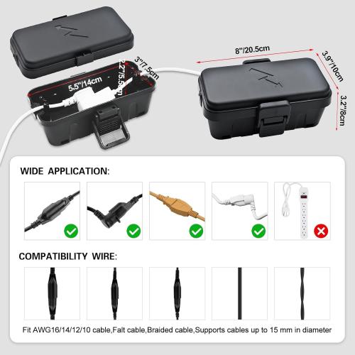 Hrensaw Small Weatherproof Electrical Connection Box(Inner 5.5 x 3 x 2.2inch),Outdoor Electrical Box,Waterproof Extension Cord Covers for Plug, Extension Cables, Holiday Lights,Black