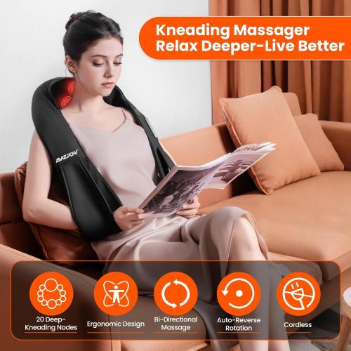 AMZPONY® Cordless Neck Massager for Pain Relief Deep Tissue, Rechargeable Shiatsu Neck and Back Massager with Heat Kneading Shoulder Massage for Body Muscle Pain Relief,Gifts for Dad Mom Friends