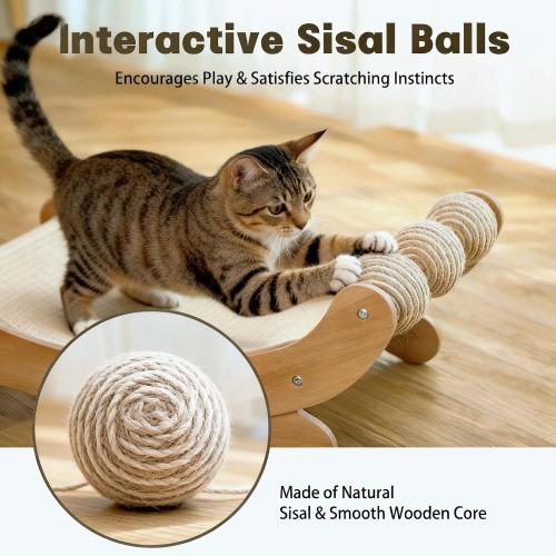 ‼️has mild fur ‼️Sisal Cat Scratcher Bed with 3 Toy Balls for Indoor Cats, Durable Wooden 3-in-1 Hammock Lounge & Scratch Pad - Modern Furniture for Large Cats, Scratching Post Lounger