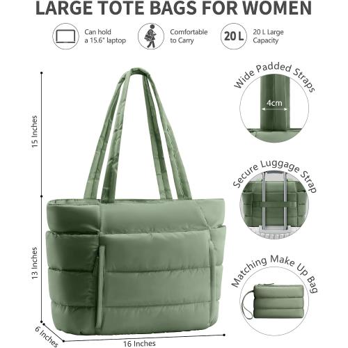 Puffer Tote Bag for Women, Lightweight Puffy Work Handbag Teacher Nurse Quilted Shoulder Bag for School Travel Gym | Cloud Bag w/ Zipper, Daily College Bags, 15.6 Computer Bag, Clinical Nursing Bag, 40 OZ Tumbler Holder, Ideal Gift for Women
