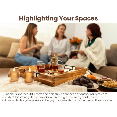 Acacia Wooden Ottoman Tray for Living Room & 6 Coasters Set – 21 Large Coffee Table Serving Tray with Handles, Perfect for Food, Drinks, Kitchen, and Home Decor