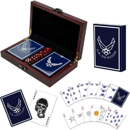 Military Gift Shop US Air Force Playing Cards & Dice in Keepsake Box - USAF Rank Insignia Cards - Air Force Gifts | Disabled Vet Owned Business | Air Force Card Set