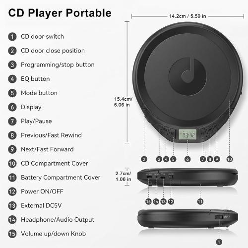 Gueray CD Player Portable with Earphones, CD Discman AUX Cable for Car Home