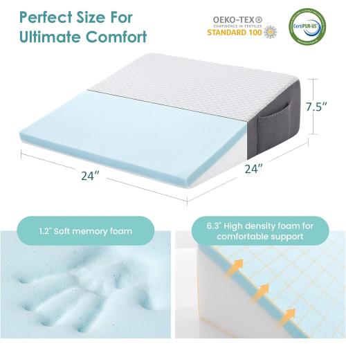 Cozymaker 7.5 Bed Wedge Pillow for Sleeping After Surgery, Back Support, Leg Elevation, Gerd Acid Reflux, Neck Pain, Snoring, Cooling Memory Foam Triangle Incline Wedge, Removable Washable Cover