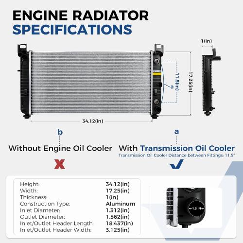 CU2423 34'' Engine Coolant Radiator Compatible with Chevy Silverado Suburban Tahoe, GMC Sierra Yukon, Cadillac Escalade, Hummer H2 1999-2014 4.3L 4.8L 5.3L 6.0L 6.2L without EOC