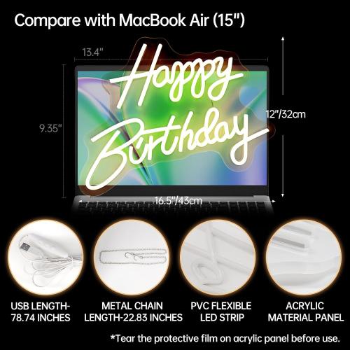 Happy Birthday Neon Sign, Happy Birthday Light Up Sign, Neon Happy Birthday Sign, Happy Birthday Led Sign for Backdrop All Birthday Party Decoration USB Powered Warm White,16.5x 12 (Plug not provided)