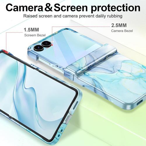 Blue Cyan Btscase for Samsung Galaxy Z Flip 7 Case,Built in Front Screen Protector,Gold Glitter Marble Pattern Hard PC Slim Shockproof Full Body Drop Protective Case for Galaxy Z Flip 7 5G (2025)