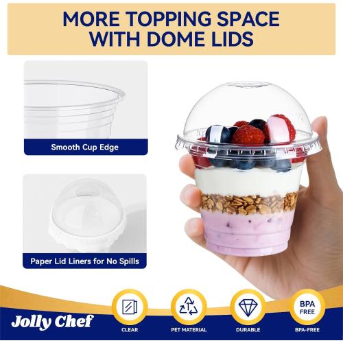 JOLLY CHEF 200 Sets 9 oz Clear Plastic Cups with Dome Lids, and Paper Lid Liners, Plastic Dessert Cups with lids for Parfait, Ice Cream, Snacks, Fruit, Pudding