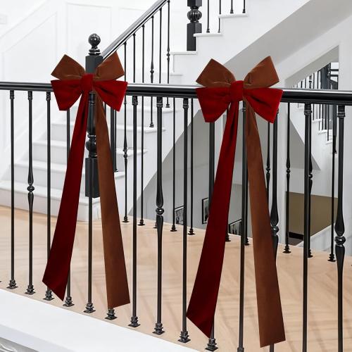 2Pcs Large Christmas Velvet Burgundy Bows13'' x 45''Christmas Front Door Bows with Long Tail Ribbon Xmas Tree Topper Holiday Wreaths Decor Stair Garland for Mantel Fireplace Porch
