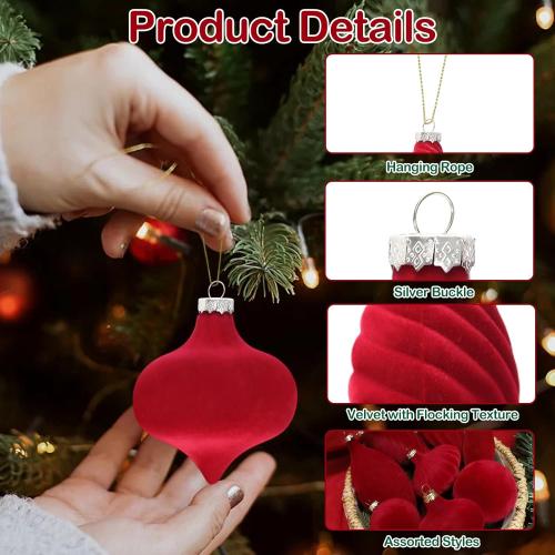 30PCS Burgundy Velvet Christmas Ornaments Various Shapes Flocked Ornaments for Christmas Tree Balls with Hanging Ropes, Shatterproof Plastic Balls Decorations for Holiday Party Indoor Home, Red