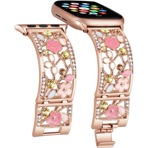 Floral Bracelet for Apple Watch Band, Women, Rose Gold, 38/40/41/42mm | Bling Crystal Hollow Metal Wristband, Elegant & Sparkling, Fits iWatch series 11/10/9/8/7, Ideal for Formal & Evening