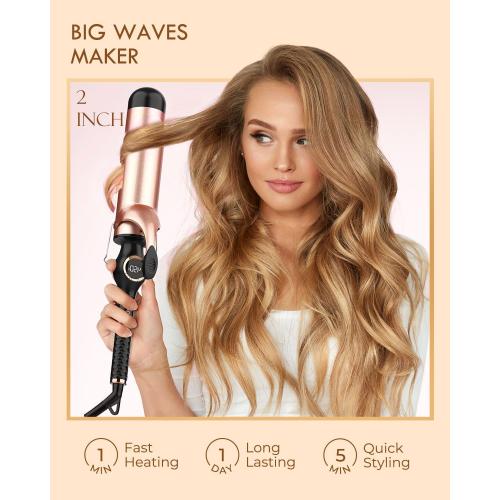 Large Curling Iron 2 Inch, Ceramic Long Barrel Hair Curling Wand, Hair Styling Tool, Dual Voltage, LCD Display, Black