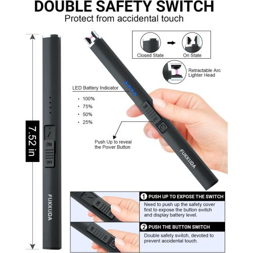 FUKKUDA Electric Arc Candle Lighter with Safety Switch - USB Rechargeable, Windproof & Flameless for Romantic Evenings, Valentine's Day Gift & Stocking Stuffer (Obsidian Black)