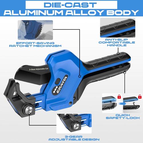 3-Gear Adjustable Heavy Duty PVC Pipe Cutter, Cuts Up to 2-1/2, Aluminum Alloy Ratcheting Tubing Cutter Tool for PEX, PVC, CPVC, PE, PP, Rubber Hose, Fit for Home Repairs and Plumbing work