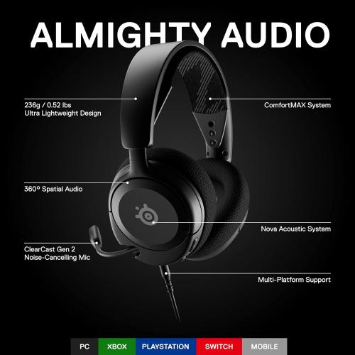 SteelSeries 61606 Arctis Nova 1 Gaming Headphones, Wired, Sealed Type, Compatible with PC, PS5, PS4, Switch, Bi-Directional Microphone, Noise Canceling, Space Audio, Hi-Fi Sound, Adjustable, Black