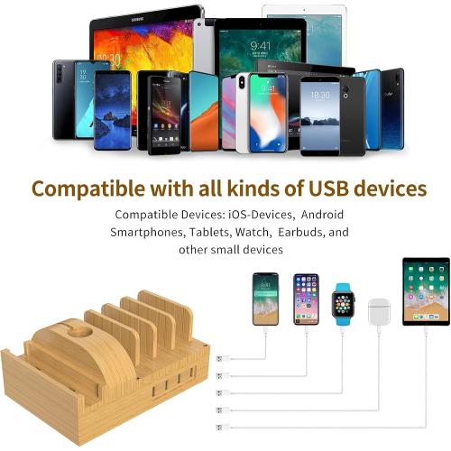 Bamboo Charging Station for Multiple Devices, 15W Fast Wireless Charger Night Light with 3 Color & 4 Adjustable Brightness, Night Stand Charger Station for Phone/Watch/Air-Pods with Adapter