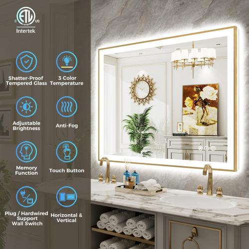48x32 Inch LED Bathroom Mirror with Lights (Front Lit and Backlit) Gold Framed Lighted Vanity Mirror for Bathroom Wall Dimmable Anti-Fog Memory Tempered Glass Horizontal/Vertical