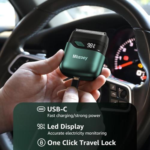 Electric Foil Shavers for Men, Mini Electric Razor, Compact Face Shaver, IPX7 Waterproof Wet Dry Cordless Razor, LED Display, USB-C Fast Rechargeable, Emerald Green