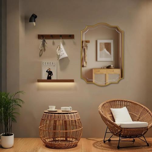 POZINO 36x24 Scalloped Wall Mirror with Gold Wood Frame | Irregular Rectangle Design, Horizontal/Vertical Hanging, Elegant Wavy Wall Mirror for Entryway Bedroom Bathroom Living Room