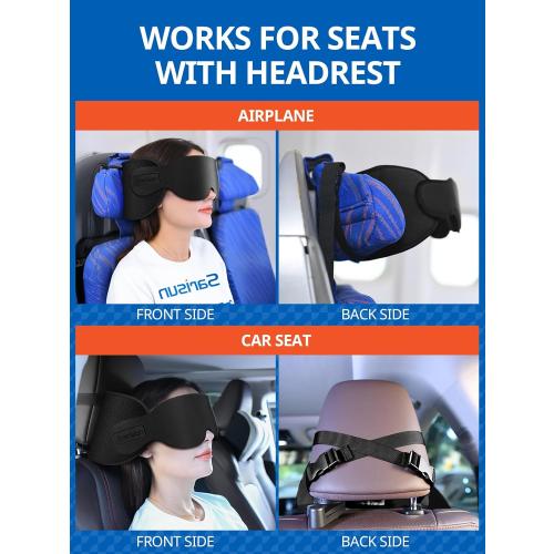 Travel Pillow for Airplanes, Ultra-Thin Breathable Airplane Pillow Alternative, Airplane Head Strap with 3D Sleep Eye Mask, 360° Support for Long Flight, Work for Seats with Headrest, Black