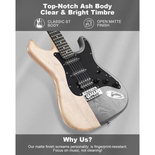 RST-150 39 Beginner Electric Guitar Kit with Amp & HSS Pickups | Complete Starter Set for Newcomers w/Essentials | Gig Bag, Extra Strings, Digital Tuner, Capo, Strap | Home Practice (Black)