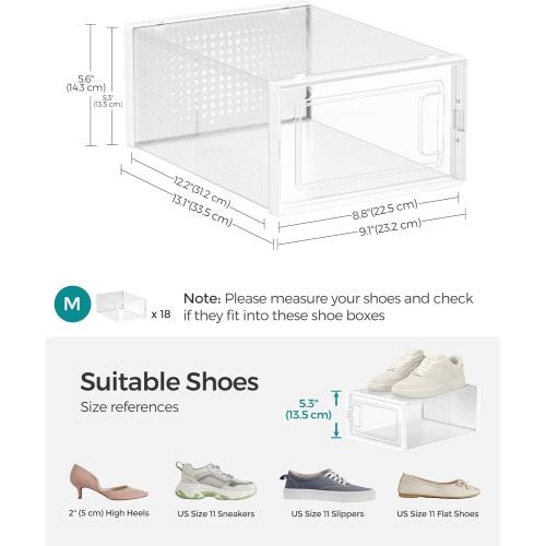 SONGMICS Shoe Boxes, Pack of 18 Shoe Storage Organizers, Stackable Clear Plastic Boxes for Closet, Sneakers, 13.1 x 9.1 x 5.6 Inches, Transparent and White ULSP18SWT