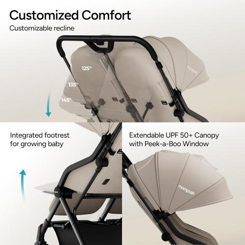 Mompush Lithe Double Stroller for Infant and Toddler, Lightweight Side by Side Twin Stroller, Only 25 lbs, 30-Inch Slim Fit Through Doorways, One-Step Fold, Independent Recline, UPF 50  Canopy