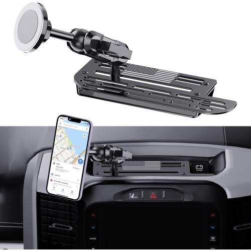 Stainless Steel Phone Mount for 2019  Ram 1500/2500/3500/TRX, Magnetic & Clamp Dual Heads, All-Metal Shakeproof Unique America Flag Design OEM Screw Hole Dash Mount Install Super Stable