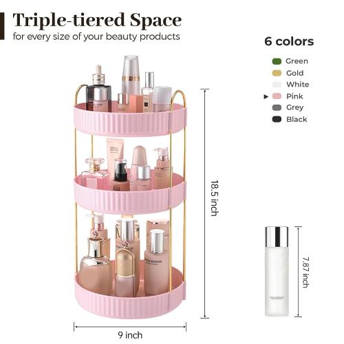 Aveniee 360 Rotating Makeup Organizer for Vanity, Skincare Perfume Organizers Large, Spinning Bathroom Counter Shelf Holder for Cosmetics, Skin Care, Lipsticks,3 Tiers, Pink