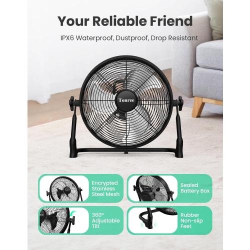 Size 14 Portable Battery Operated Fan, Rechargeable Floor Fan, Hi-Velocity Cordless Camping Fan, USB Phone Charge, 12-60H Runtime, Quiet, Wireless, For Gym Shed Travel Home Outdoor Garage Tent Car Barn