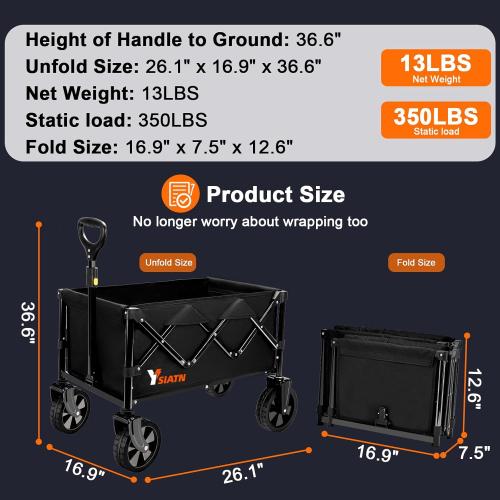 Collapsible Wagon with All Terrain Wheels, Large Grocery Cart On Wheels, 220LBS Utility Folding Wagon for Camping Shopping Beach Sports Fishing, Black