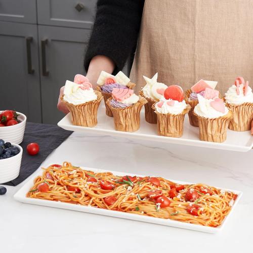 DOWAN 14.5 Rectangular Plates Set of 4 - Long Serving Trays for Sushi, Pasta, Chips, Appetizer, Cake - White Ceramic Rectangle Platter for Party, Restaurant, Banquet - Dishwasher & Oven Safe