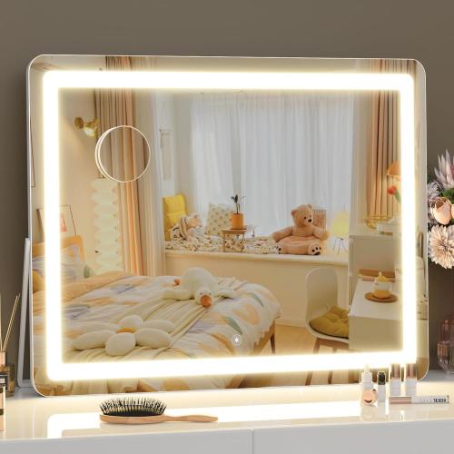 Gvnkvn Ligheted Vanity Mirror with Lights, 14 x 10 LED Makeup Mirror, 3 Modes Light, Smart Touch Control Dimmable, 360°Rotation, Rectangle White Frame
