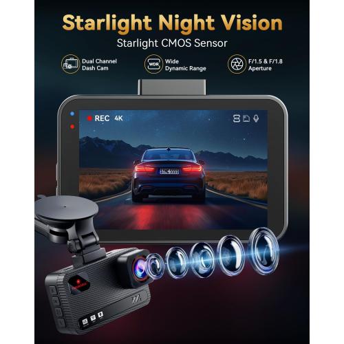 4K 4K Dash Cam Front and Rear, Free 128GB Card Included, 5.8GHz WiFi Dash Camera for Cars, Built-in GPS, G-Sensor, 170°Wide Angle, 3 IPS Screen, 24H Parking Mode, Support 512GB Max