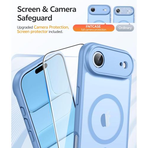 FNTCASE for iPhone Air Case: [Compatible with Magsafe] Translucent Matte Cases with [Full Camera Protection] [Screen Protector] Military Grade Shockproof Protective Phone Cover - Light Blue