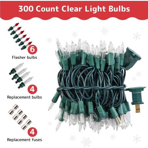 PREXTEX 300 Count Clear Christmas Tree Lights with Green Wire - 60 ft Warm White Christmas Lights for Indoor or Outdoor Use - Holiday Incandescent String Lights for Xmas Trees, Patios, and Fences
