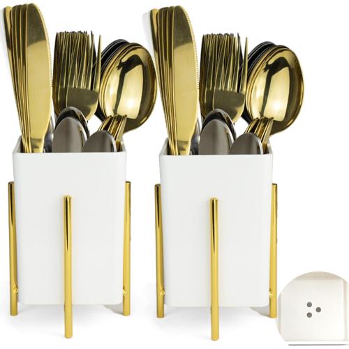 Silverware Caddy with Drain Holes, Cutlery Holder for Party Countertop, kitchen counter, Melamine Bins Set Kitchen Utensil Holder for Spoons, Forks and Knives, White, Pack of 2